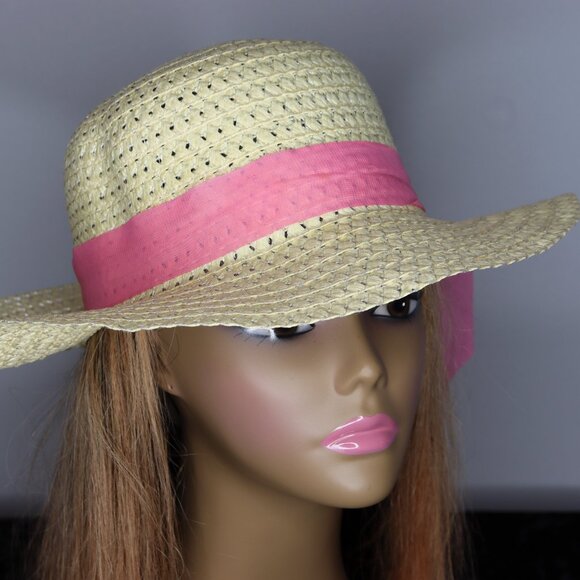 Women's Straw Sun Hat with Ribbon Band - Pink - Picture 2 of 2
